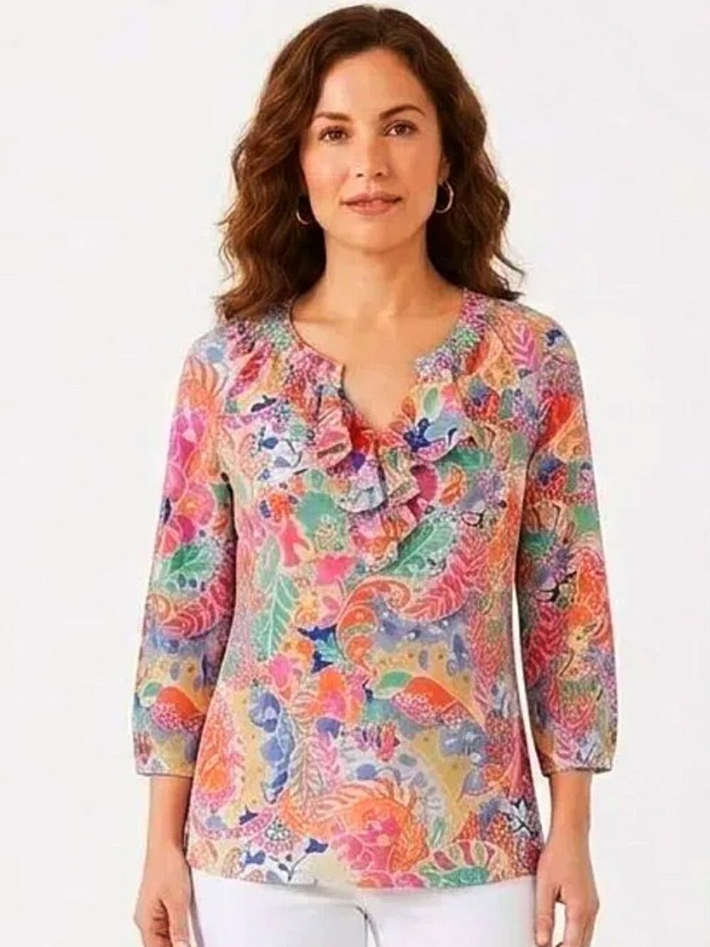Ralph Lauren 3/4 Sleeve Floral Ruffle Front Tee NEW- Sz. Med P